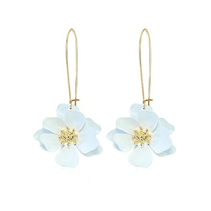 Bohemian Daisy Flower Matte Floral Long Petal Drop Dangle Earrings Layered Tiered for Women Chic Boho Wedding Jewelry - color: White