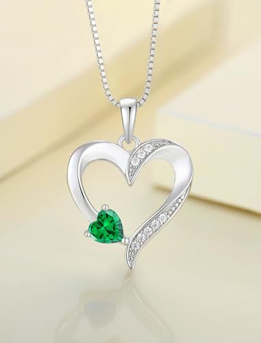 YL Heart Necklace 925 Sterling Silver Love Heart Pendant Birthstone Jewelry for Women - color: 05-emerald-May
