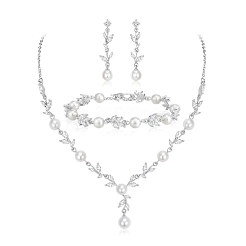 EleQueen Women's Simulated Pearl Wedding Jewelry Set for Brides | Cubic Zirconia Necklace Earrings Bracelet Set for Brides Bridesmaids, Bridal Jewelry Set for Anniversary/Memorial Day - style: Elegant Pearl Necklace Set Silver-Tone
