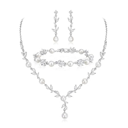 EleQueen Women's Simulated Pearl Wedding Jewelry Set for Brides | Cubic Zirconia Necklace Earrings Bracelet Set for Brides Bridesmaids, Bridal Jewelry Set for Anniversary/Memorial Day - style: Elegant Pearl Necklace Set Silver-Tone