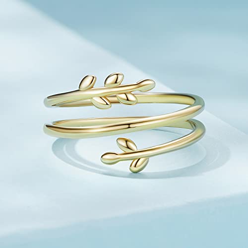 MUNDELL 925 Sterling Silver Simple Multi-layer Leaf Adjustable Ring Green Lucky Leaves Statement Ring for Women Promise Ring Fine Jewelry - color: Golden Multi-layer Leaf