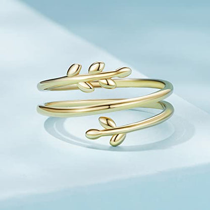 MUNDELL 925 Sterling Silver Simple Multi-layer Leaf Adjustable Ring Green Lucky Leaves Statement Ring for Women Promise Ring Fine Jewelry - color: Golden Multi-layer Leaf