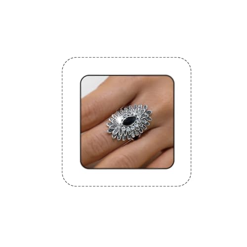 Boho Retro Rhinestone Ring Ethnic Big Flower Crystal Finger Ring Trendy Statement Tribal Indian Dance Costume Ring Jewelry for Women - color: Silver-black