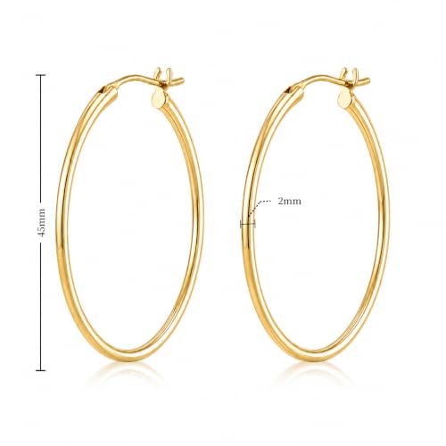 14K Gold Hoop Earrings for Women, Classic Minimalist Medium & Large Gold Hoops, Lightweight Round Hoop Earrings, Available in 35/45/55mm - size: 45MM