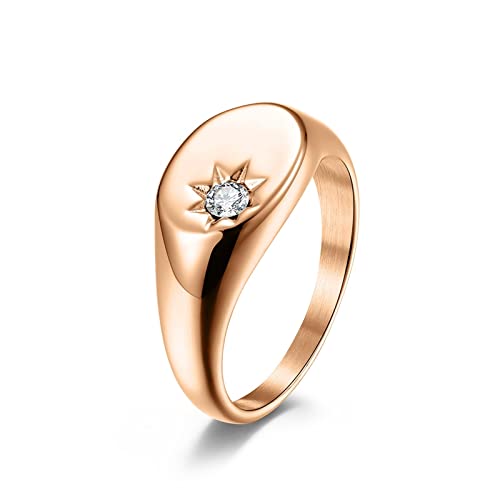 Promise Rings for Him, Stainless Steel Oval Shape Sun Pattern Inlay with Cubic Zirconia Signet Ring for Women - color: Rose Gold