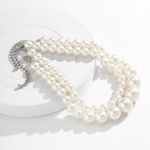 CSIYANJRY99 Chunky Pearl Necklace for Women Big Faux Pearl Beaded Strand Necklace Wedding Prom Jewelry for Women - color: White Layered