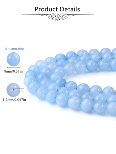 Jovivi 8mm Natural Aquamarine Gemstone Beads for Jewelry Making,96pcs | Energy Healing Crystals Polished Round Smooth Stone Beads,Genuine Real Stone Beads for Bracelet Necklace - color: Aquamarine