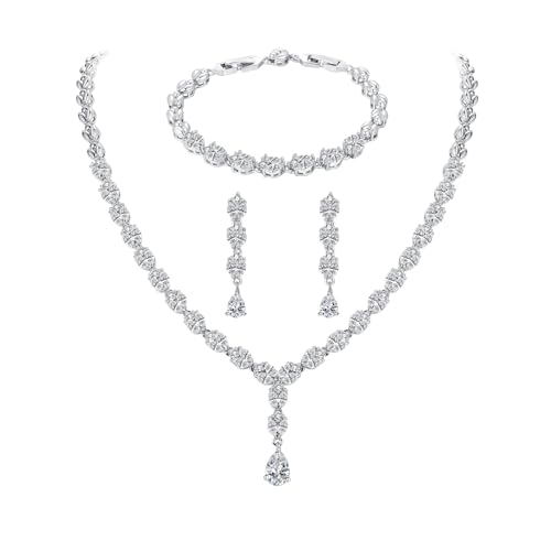 Jewelry Set for Women, Necklace Dangle Earrings Bracelet Set with White AAA Cubic Zirconia, Allergy Free Wedding Party Jewelry for Bridal Bridesmaid - color: Necklace+Earrings+Bracelet-Teardrop