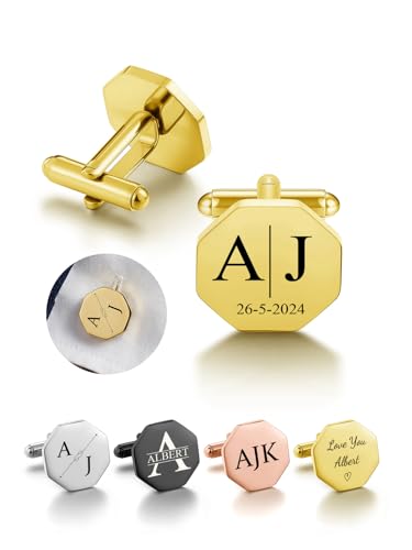 PiercingJ Custom Cufflinks for Men, Personalized Monogram Cufflinks for Groomsmen, Personalized Initial Cuff Links Wedding Gifts for Groom, Groomsmen, Father of Bride, Best Men Husband Dad - color: gold
