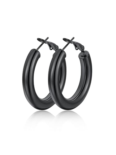 FindChic Hoop Earrings for Women, Silver/Black/14K Gold Plated Hypoallergenic Hollow Round Tube Loop Earrings, 20mm/30mm/40mm/60mm/80mm Chunky Hoops with Custom Name Options & Gift Box - color: a.Black, size: 30MM