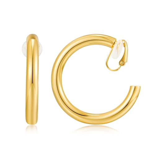 WOWORAMA Chunky Gold Hoop Clip On Earrings for Women | Large Chunky Hoops Clips Earrings, Polished Gold-Plated Clip-On Hoops, Statement Non Pierced Jewelry - color: 30mm Round Hoops