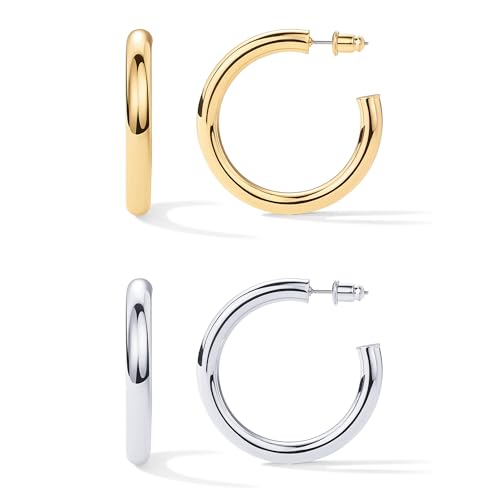 PAVOI Chunky Gold Hoop Earrings for Women, Lightweight 14K Gold Plated | Gold Hoops, Gold Plated Earrings, Womens Earrings, 14K Gold Hoop Earrings - color: Pack, size: 40 MM