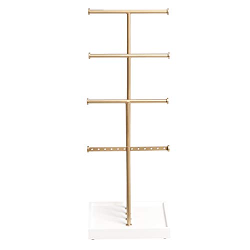 Amazon Basics Four-Tier Jewelry Organizer Tree Stand, Necklace Earring Bracelet Holder with Ring Storage, White/Brass - color: White/Brass, style: Hanging