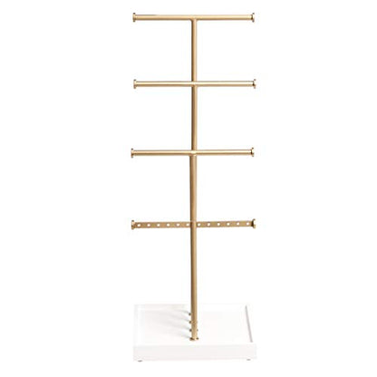 Amazon Basics Four-Tier Jewelry Organizer Tree Stand, Necklace Earring Bracelet Holder with Ring Storage, White/Brass - color: White/Brass, style: Hanging