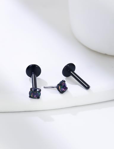 20G 18G 16G Threadless Nose Rings Studs Flat Back Earrings Surgical Stainless Steel CZ Nose Rings Stud Tragus Helix Conch Cartilage Earrings Stud Piercing Jewelry For Women Men Hypoallergenic - color: Black-Rainbow CZ, size: 16 Gauge-7mm Bar-3mm CZ