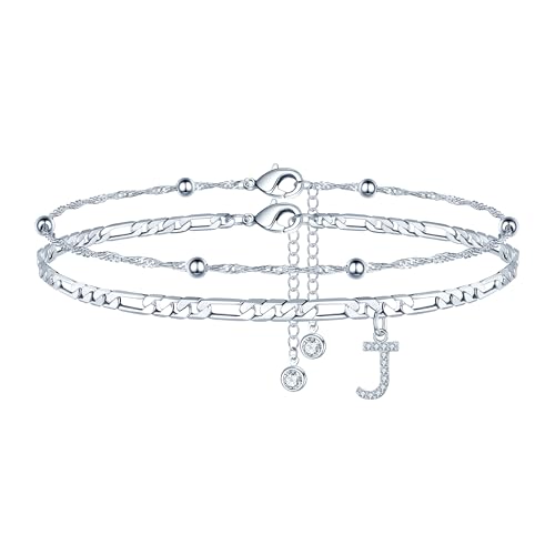 Ankle Bracelets for Women, 14K Gold Plated Dainty Layered Chain CZ Initial Anklets Summer Jewelry Gifts for Women - style: J-Silver