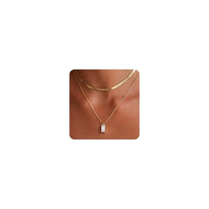 Tewiky Dainty 14k Gold Plated/Silver Cubic Zirconia Necklaces for Women, Simple CZ Jewelry Necklaces Trendy Gifts - color: Gold layered herringbone CZ