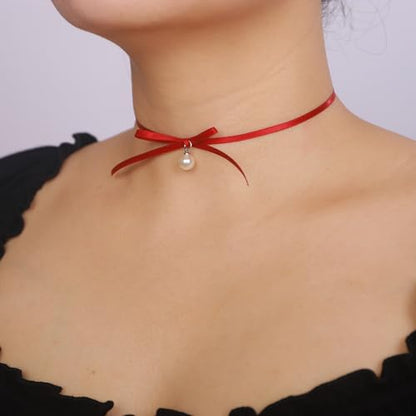 Vintage Punk Velvet Ribbon Bow Choker Necklace Red and Black Satin Bow Tie Choker Necklace Pearls Pendant Bowknot Collar Choker Boho Velvet Bowknot Pearls Pendant Necklace for Women(red3)