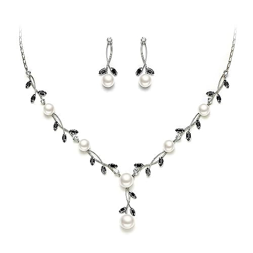 EVER FAITH Cubic Zirconia Pearl Leaf Vine Wedding Jewelry Set for Bride | Crystal Filigree Bridal Necklace Earrings, for Women Bridesmaid - color: 2pcs_Black Silver-Plated-Brass