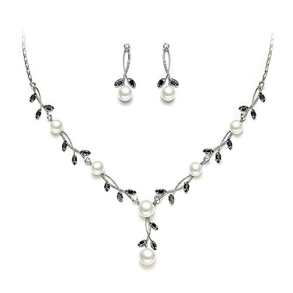 EVER FAITH Cubic Zirconia Pearl Leaf Vine Wedding Jewelry Set for Bride | Crystal Filigree Bridal Necklace Earrings, for Women Bridesmaid - color: 2pcs_Black Silver-Plated-Brass