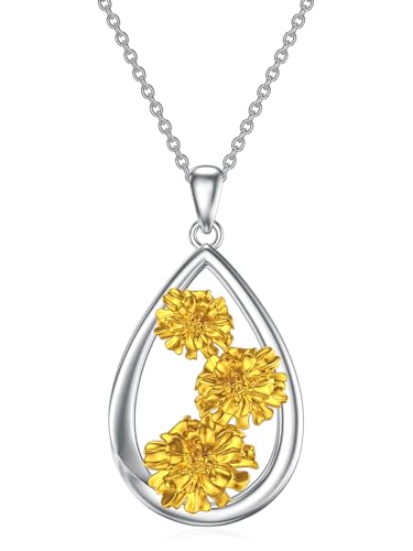 12 Month Birth Flower Necklace for Women 925 Sterling Silver Floral Teardrop Pendant Birthday Jewelry Gifts - color: 10. October Marigold
