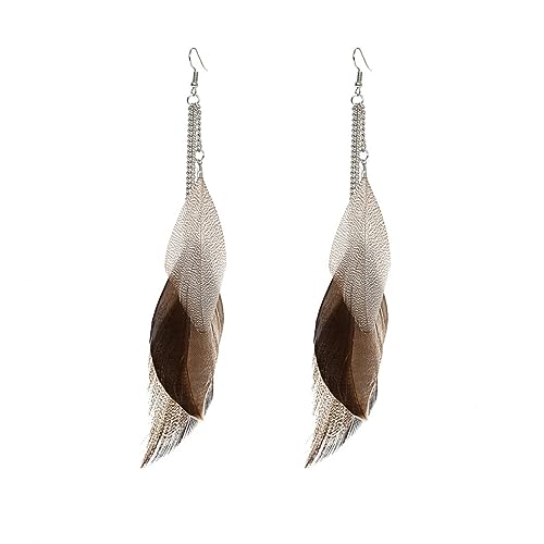 Boho Colorful Feather Dangle Earrings Handmade Beads Taseel Fashion Earrings for Women - color: Brown Taseel