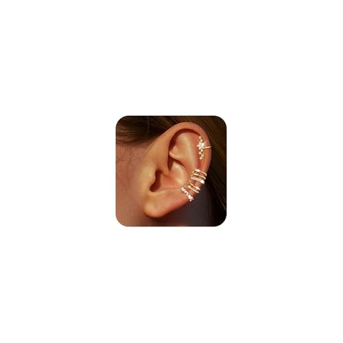 Ear Cuffs Non-Piercing Earrings for Women Cute Clip-On Cartilage Earring | 14k Gold Plated Ear Cuff for Non Pierced Ears Dainty Adjustable Fake Piercings Earings Set - style: 4