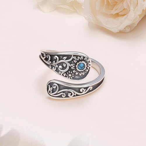 FLYOW Sterling Silver Sunflower Spoon Ring Victorian Style Boho Antique Flower Adjustable Open Ring Retro Statement Cubic Zirconial/Turquoise/Oxidized Thumb Rings for Women Birthday Christmas Jewelry - style: Turquoise Oxidized-7