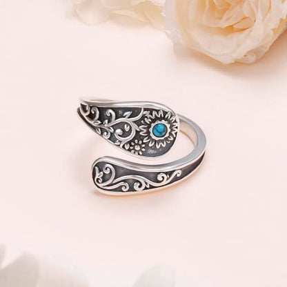 FLYOW Sterling Silver Sunflower Spoon Ring Victorian Style Boho Antique Flower Adjustable Open Ring Retro Statement Cubic Zirconial/Turquoise/Oxidized Thumb Rings for Women Birthday Christmas Jewelry - style: Turquoise Oxidized-7