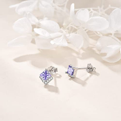 Birthstone Stud Earrings Sterling Silver Square Created Crystal Earrings Cubic Zirconia Hypoallergenic Piercing Jewelry Small Gifts for Women Mothers - color: Jun-Light Amethyst
