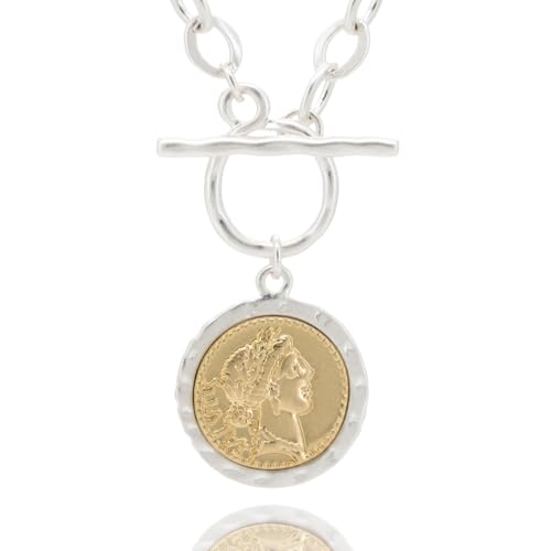 Women's Chunky Coin Necklace, 18K Gold Plated, 18-Inch Toggle Chain | Double-Sided Antique Coin Pendant with Thick Link Chain for Layered Looks and Vintage Statement Style for Everyday Wear - color: Sliver & Worn Gold-2