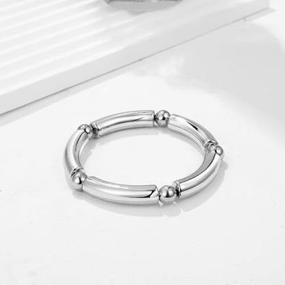 Gold Chunky Bangles Bracelets For Women 14k Gold Plated Stack Layered Curved Bamboo Tube Stretch Bracelets Gift Jewelry - color: 1pcs Silver-8mm