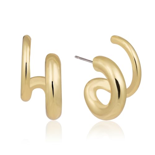 Obidos 14K Gold Plated Illusion Stud Earrings for Women | Triple Huggie Hoop Earrings for One Hole| Trendy Simple Hypoallergenic Fashion Accessories Gold Jewelry Gifts for Womens - color: Small Double Huggie Hoops Gold