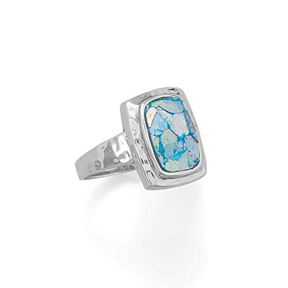 .925 Sterling Silver Hammered Roman Glass Women's Ring