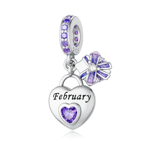 LNQOBU 925 Sterling Silve Heart-shaped Birthstone Charm for Bracelets, With 5A Cubic Zirconia Birthday Charms Dangle Pendant Bead for Pandora Bracelets - color: B-February