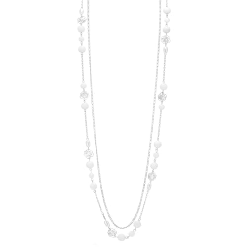 FULU AUTUMN Long Layered Silver Necklaces for Women - Natural Stone and Dainty Flower Beaded Sweater Chain Fashion Jewelry Gifts - color: White