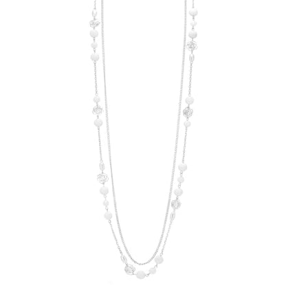 FULU AUTUMN Long Layered Silver Necklaces for Women - Natural Stone and Dainty Flower Beaded Sweater Chain Fashion Jewelry Gifts - color: White