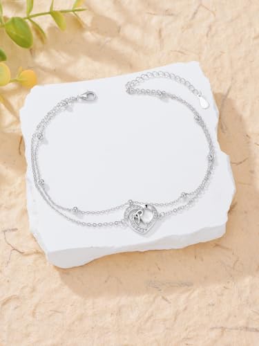 Dorunmo Initial Anklet 925 Sterling Silver Letter A-Z Layered Heart Anklet Beach Jewelry Birthday Gifts for Women - color: R