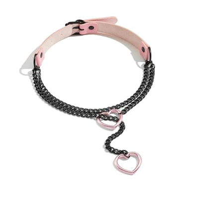 Leather Choker Slip Chain Necklace Stainless Steel Cuban Link Long Necklaces Gothic Punk Heart Chain Necklace Handmade Collars for Women - color: Pink+Black