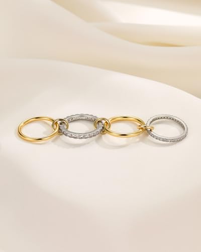 Gold Silver Stackable Rings for Women Mixed Metal Interlocked Ring Stack | Multi Ring set non tarnish 14K Gold Plated Cubic Zirconia Fashion trendy Two Tone Connected Bands Statement rings Size 4-11 - color: 01- Two tone 4 rings