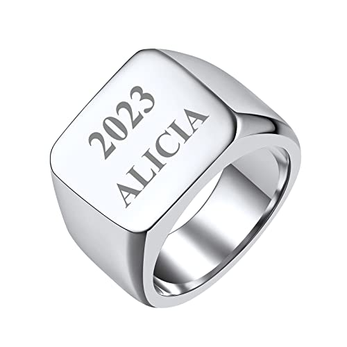 FindChic Customized Signet Photo Rings Square/Heart/Round Chunky Band Ring Stainless Steel/18K Gold Plated/Black Size 7 to 14 Personalized Jewelry for Men Women, Send Gift Box - color: 01. personalized engraved square (stainless steel)