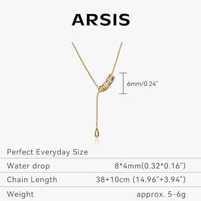 ARSIS Lariat Long Gold Necklace for Women, 18K Gold/Platinum Plated Y-Shaped Drop Dangle Pendant Necklace, Long Adjustable Pull Slider Chain Jewelry Gift for Her - color: Gold-teardrop slider
