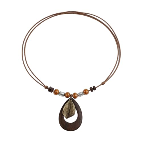 Boho Wooden Teardrop Leaf Pendant Necklace | Adjustable Brown Leather Cord Wood Bead Necklace Vintage Nature Inspired Statement Neck Jewelry for Daily Wear