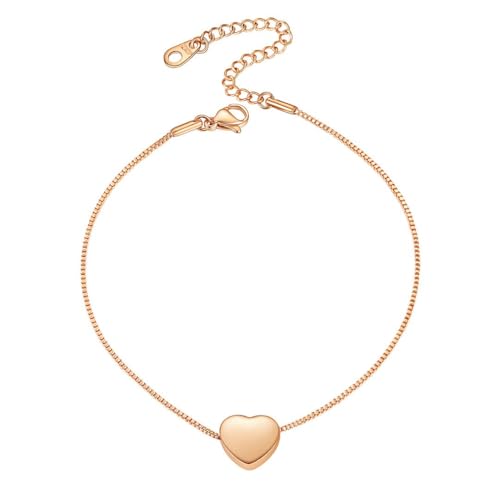 ChainsHouse Ankle Bracelets for Women, Stainless Steel Beaded Chain Ankle Bracelet, Womens Heart Anklets for Summer Beach Jewelry Gifts - color: Q: heart-rose gold