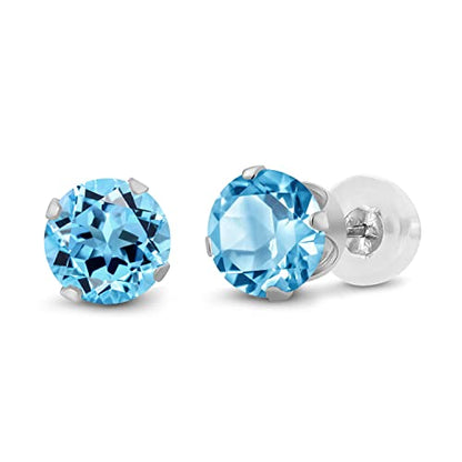 Gem Stone King 14K Gold Gemstone Birthstone Stud Earrings For Women Men | 4MM Round Cut | Solitaire Gold Studs with Secure Backs | Fine Jewelry for Her Him Mom Dad Wife - color: Swiss Blue Topaz-November