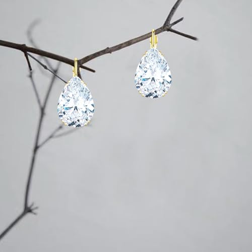 14K Gold Teardrop Crystal Leverback Earrings Sparkly Rhinestone Water Droplet Dangle Drop Earrings For Women - color: White