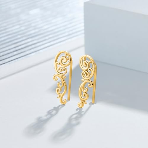 Ear Climbers Earrings for Women Sterling Silver Vintage Ear Crawler Earrings Jewelry Gifts for Women - style: Filigree-gold