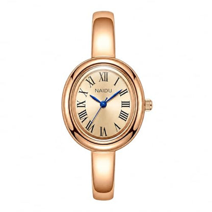 Women's Oval Bangle Watch, Elegant Open-Cuff Bracelet Wrist Watch with Roman Numeral Dial, Minimalist Luxury Fashion Quartz Watch for Ladies - color: Gold/Cream