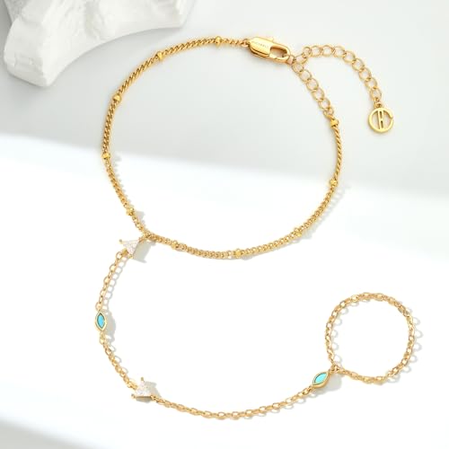 Cicy Bell Hand Chain Bracelets for Women 18K Gold Plated | Layered Stackable Dainty Ring Bracelets, Adjustable Satellite Bead Dot Link Finger Bracelets - color: Style F-Gold