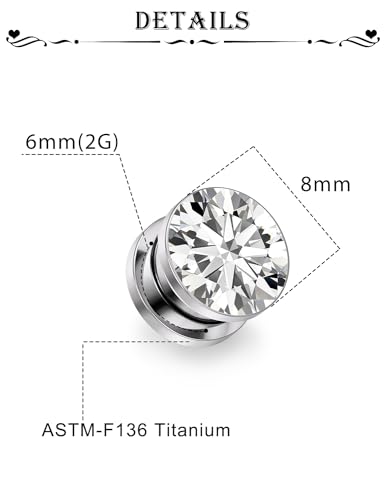 Astm F136 Titanium CZ Ear Gauges Screw Fit Flesh Tunnels Plugs Gauges Earring Expander Stretcher Ear Tunnels For Ears 10G 8G 6G 4G 2G 0G 00G Plug Earrings Body Piercing Jewelry For Women Men - color: 2G Gauges